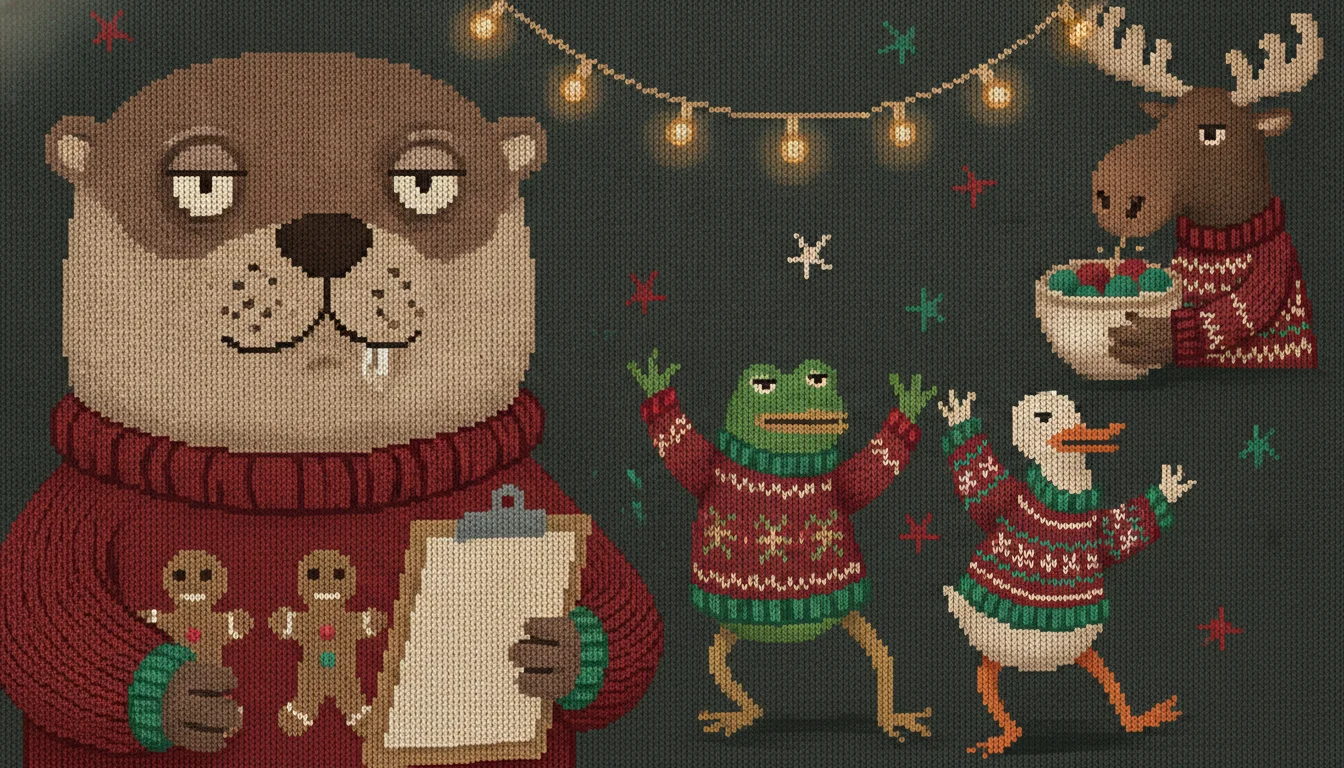 Knitted otter event planner with a clipboard while a frog, duck and moose party behind in ugly Christmas sweaters