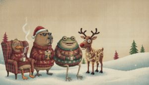 Knitted cast of deadpan animals in ugly Christmas sweaters standing in the snow: duck in an armchair, capybara in sunglasses, cheerful frog and a reindeer tangled in string lights
