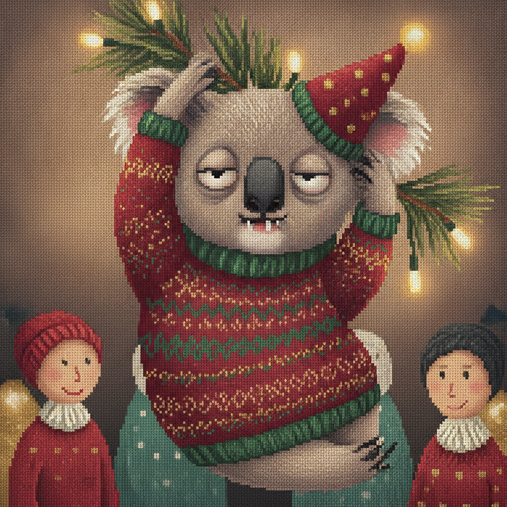 Koalafied ugly Christmas sweater character art: a koala in a red festive sweater and party hat holding eucalyptus branches and string lights beside two small carolers