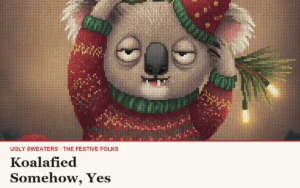 Koalafied ugly Christmas sweater article cover: a koala in a red festive sweater and party hat holding eucalyptus and string lights