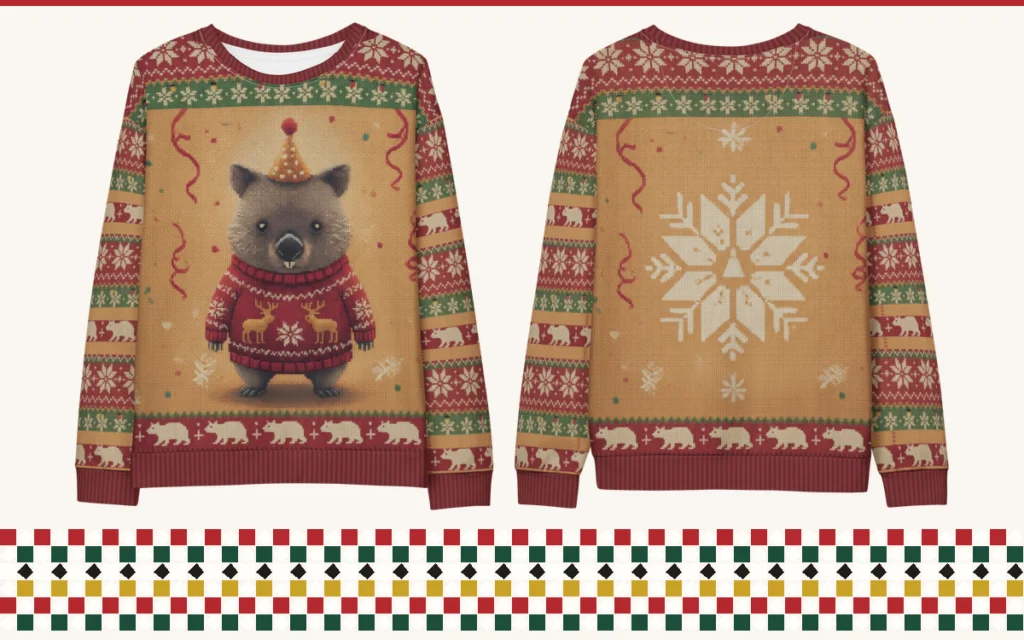 Party Animal all-over print ugly Christmas sweatshirt, front and back