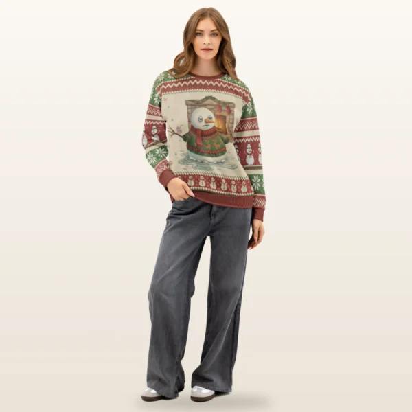 Meltdown all-over-print Christmas sweatshirt on a model, front view