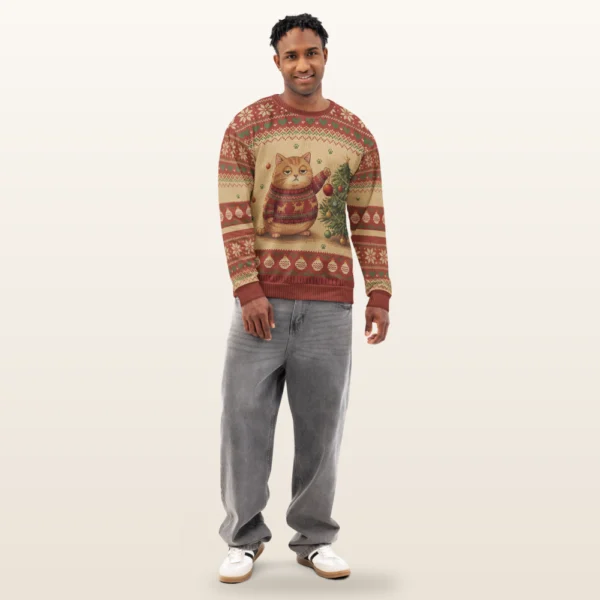 Meowy Christmas all-over-print Christmas sweatshirt on a model, front view