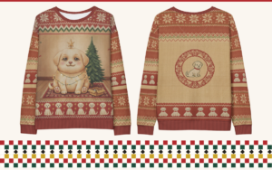 Merry Woofmas puppy all-over print ugly Christmas sweatshirt, front and back