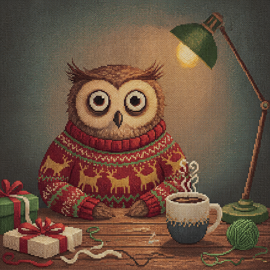 Night Owl ugly Christmas sweater character art: a wide-awake owl against a deep midnight blue sky with moon and stars