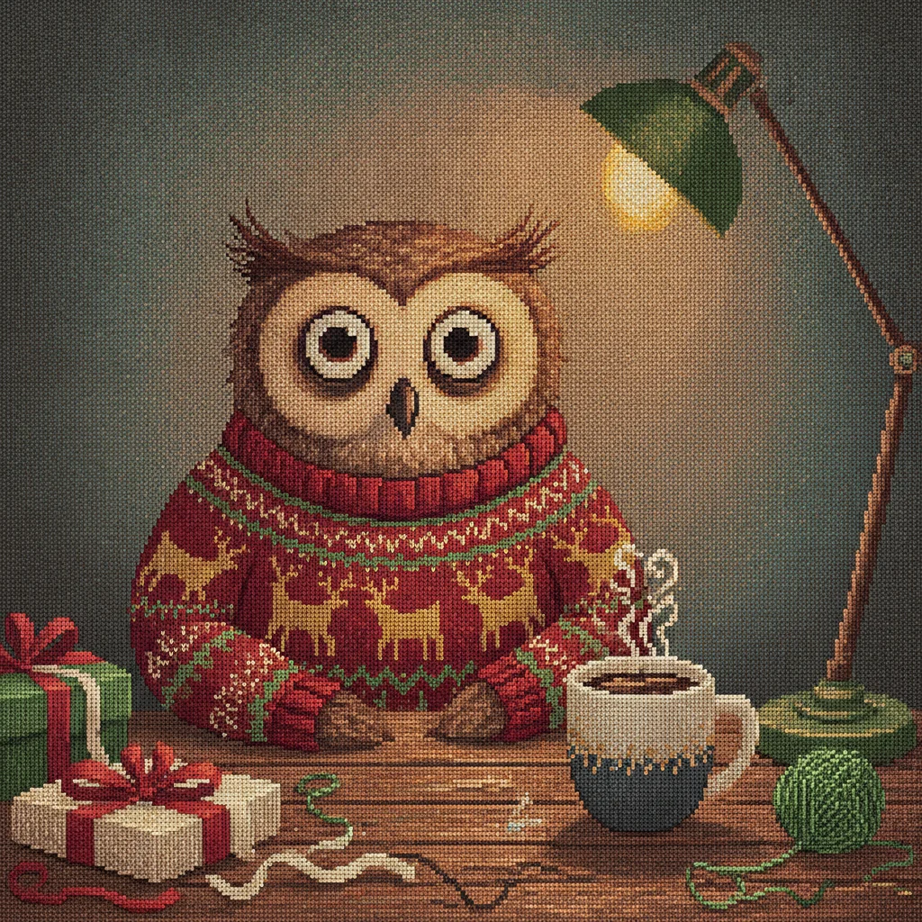 Night Owl ugly Christmas sweater character art: a wide-awake owl against a deep midnight blue sky with moon and stars