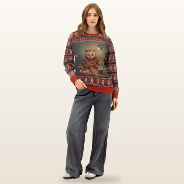 Night Owl all-over-print Christmas sweatshirt on a model, front view