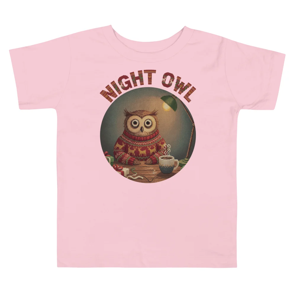 Night Owl Toddler Ugly Christmas Tee, Light Pink flat