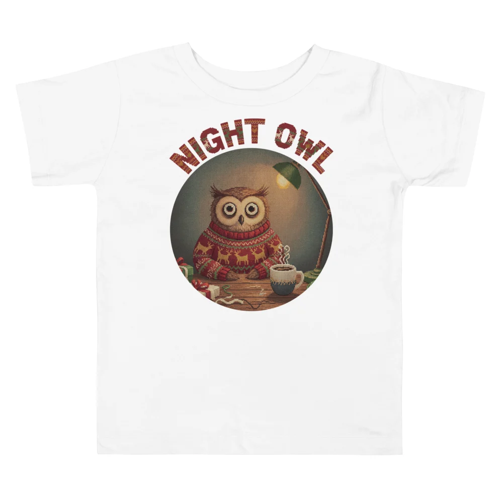 Night Owl Toddler Ugly Christmas Tee, Pure White flat