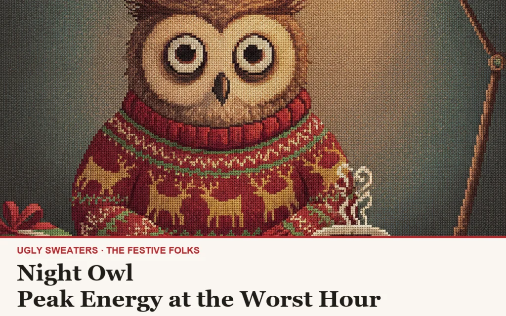 Night Owl: The Ugly Christmas Sweater for People Who Peak at 2am
