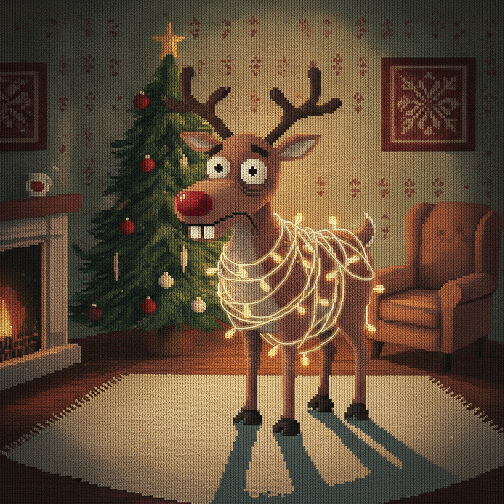 Oh Deer ugly Christmas sweater design: a guilty red-nosed reindeer tangled in Christmas tree string lights in a cozy living room