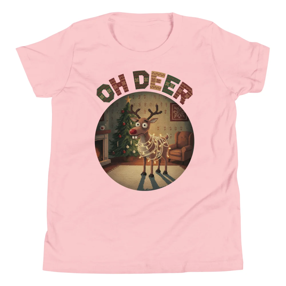 Oh Deer Kids' Ugly Christmas Tee, Light Pink