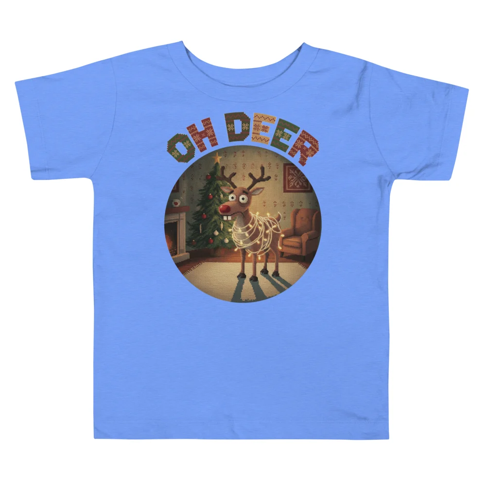 Oh Deer Toddler Ugly Christmas Tee, Blue flat