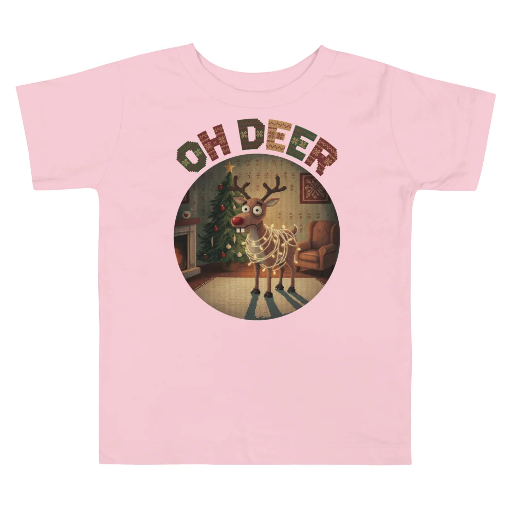Oh Deer Toddler Ugly Christmas Tee, Light Pink flat