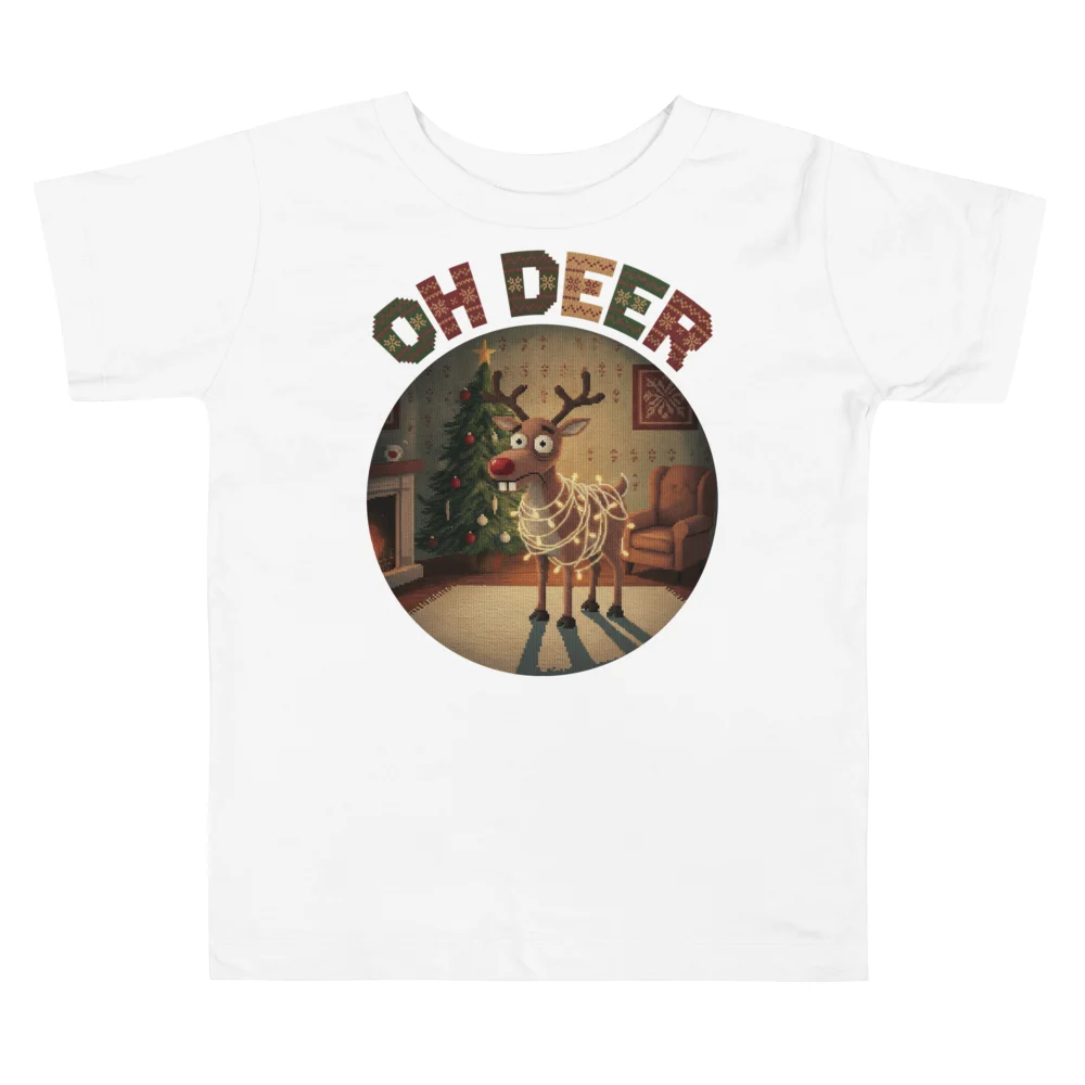 Oh Deer Toddler Ugly Christmas Tee, Pure White flat