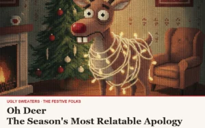 Oh Deer ugly Christmas sweater article cover with the light-tangled guilty reindeer character art