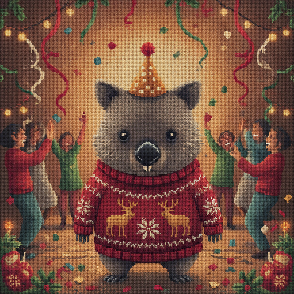 Party Animal ugly Christmas sweater character art: a deadpan wombat standing still while confetti and party lights explode behind him