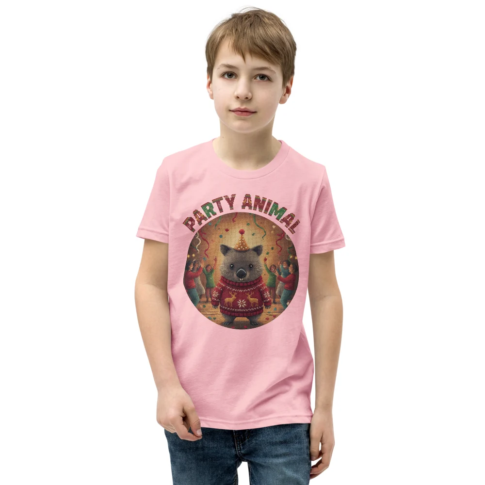 Party Animal Kids' Ugly Christmas Tee, Light Pink model