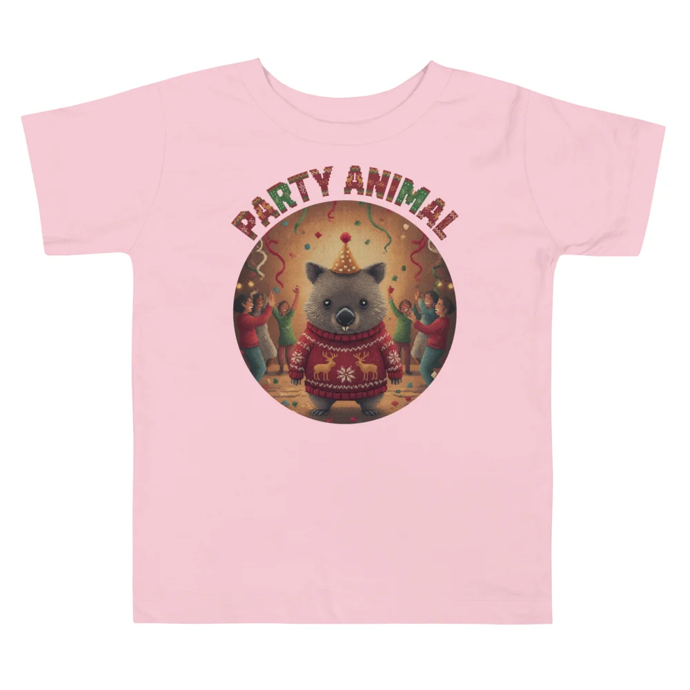 Party Animal Toddler Ugly Christmas Tee, Light Pink flat