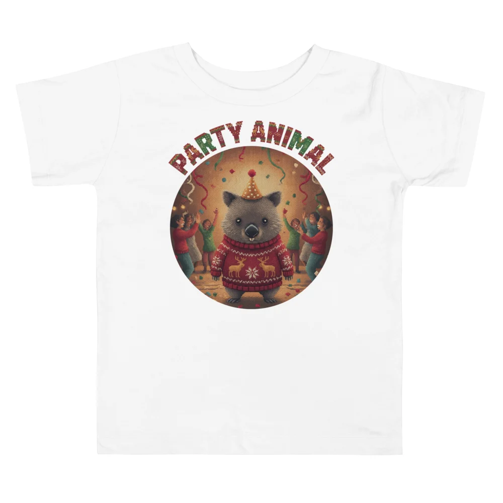 Party Animal Toddler Ugly Christmas Tee, Pure White flat
