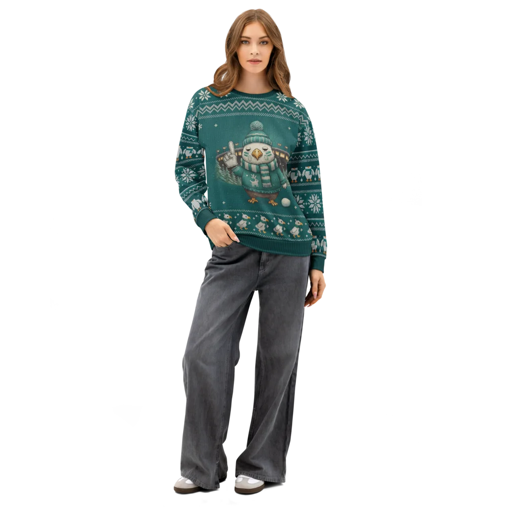 Philadelphia Fan Ugly Christmas Sweatshirt on female model, front