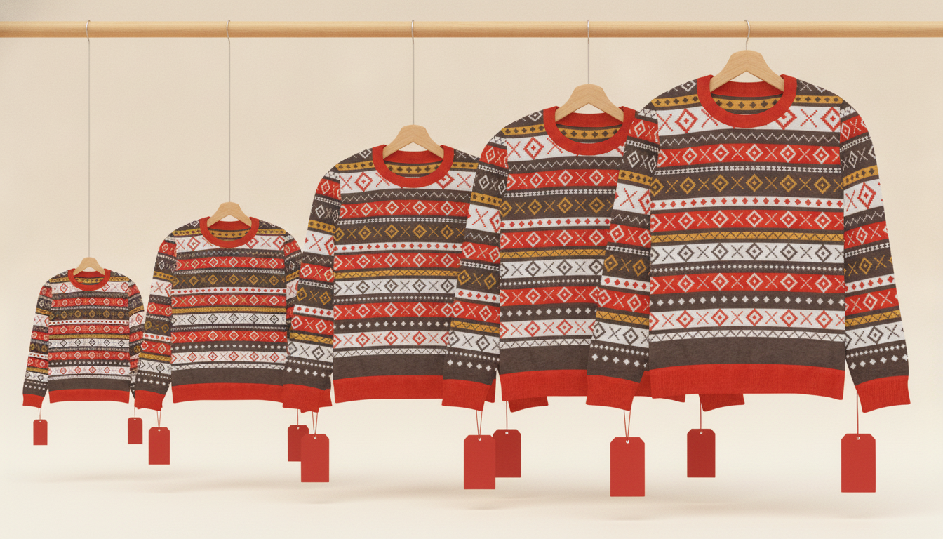 Seven identical fair isle knitted Christmas sweaters on one rail, graduating from small to 5XL, each with the same red price tag