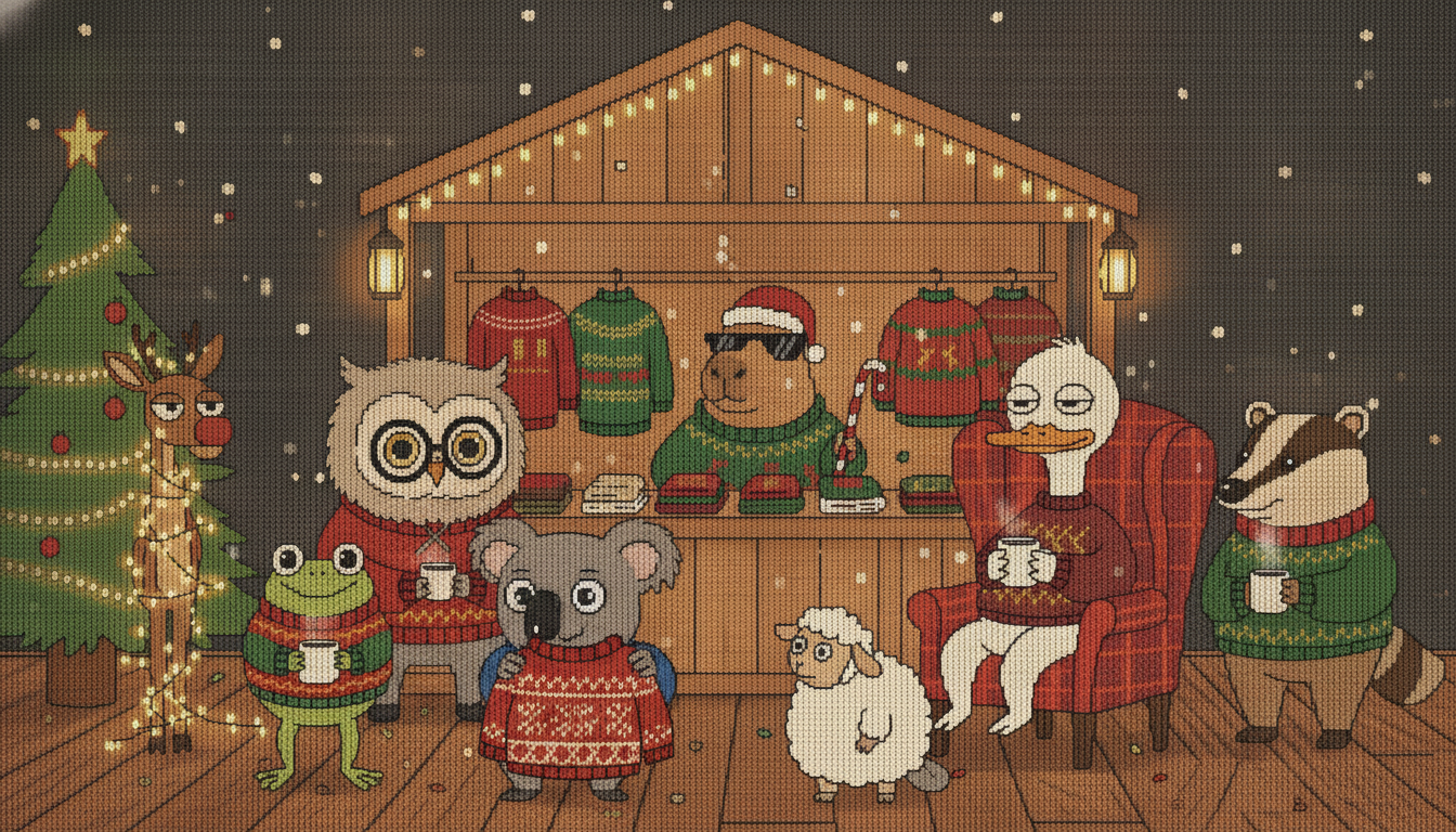 Knitted animal crew at a festive Christmas-market sweater stall, capybara shopkeeper and a koala trying on an ugly sweater