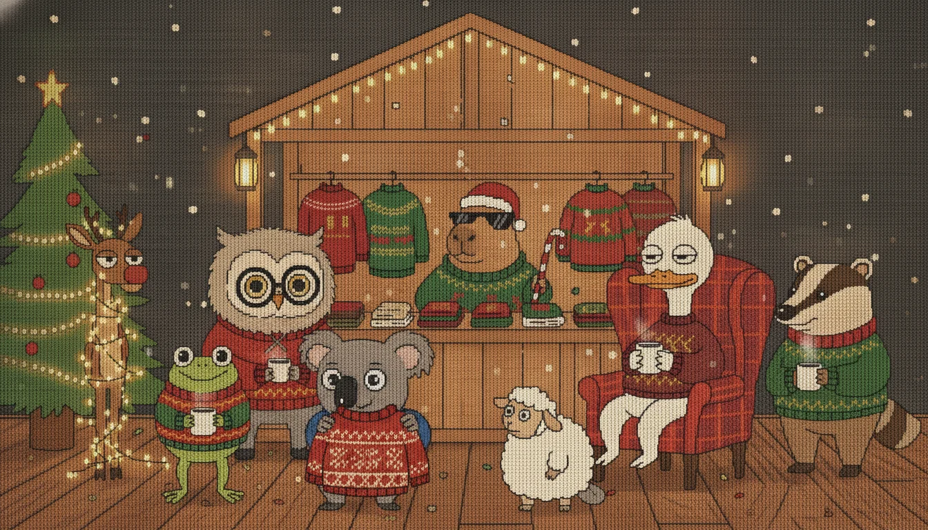 Knitted animal crew at a festive Christmas-market sweater stall, capybara shopkeeper and a koala trying on an ugly sweater