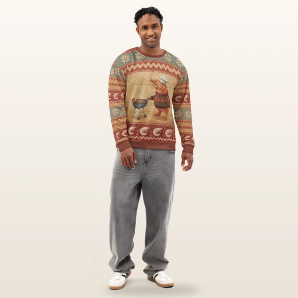 Shrimp on the Barbie all-over-print Christmas sweatshirt on a model, front view