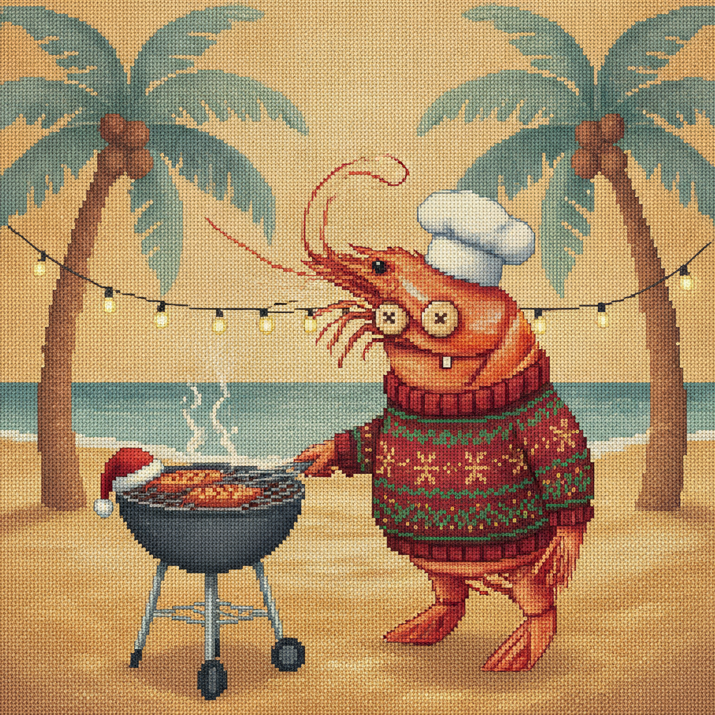 Shrimp on the Barbie ugly Christmas sweater character art: a cheerful shrimp in a chef's hat and red festive sweater grilling on a beach barbecue between palm trees strung with lights
