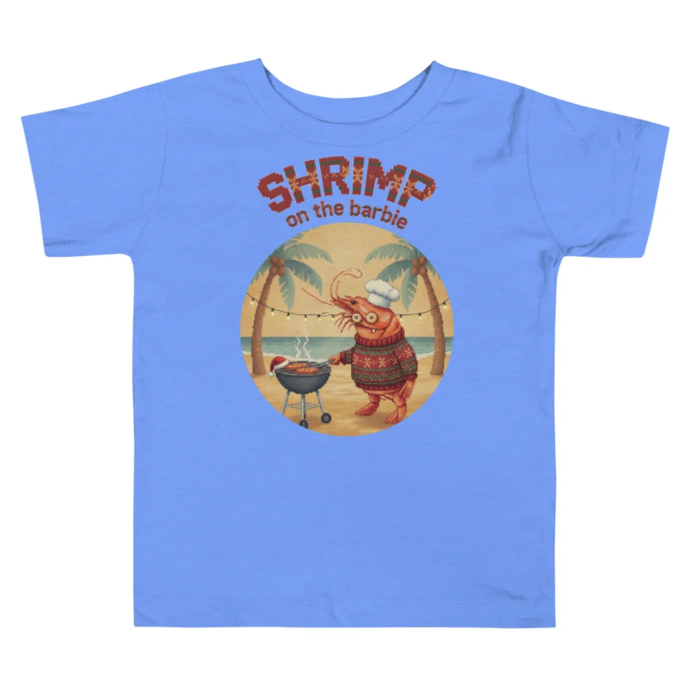 Shrimp on the Barbie Toddler Ugly Christmas Tee, Blue flat