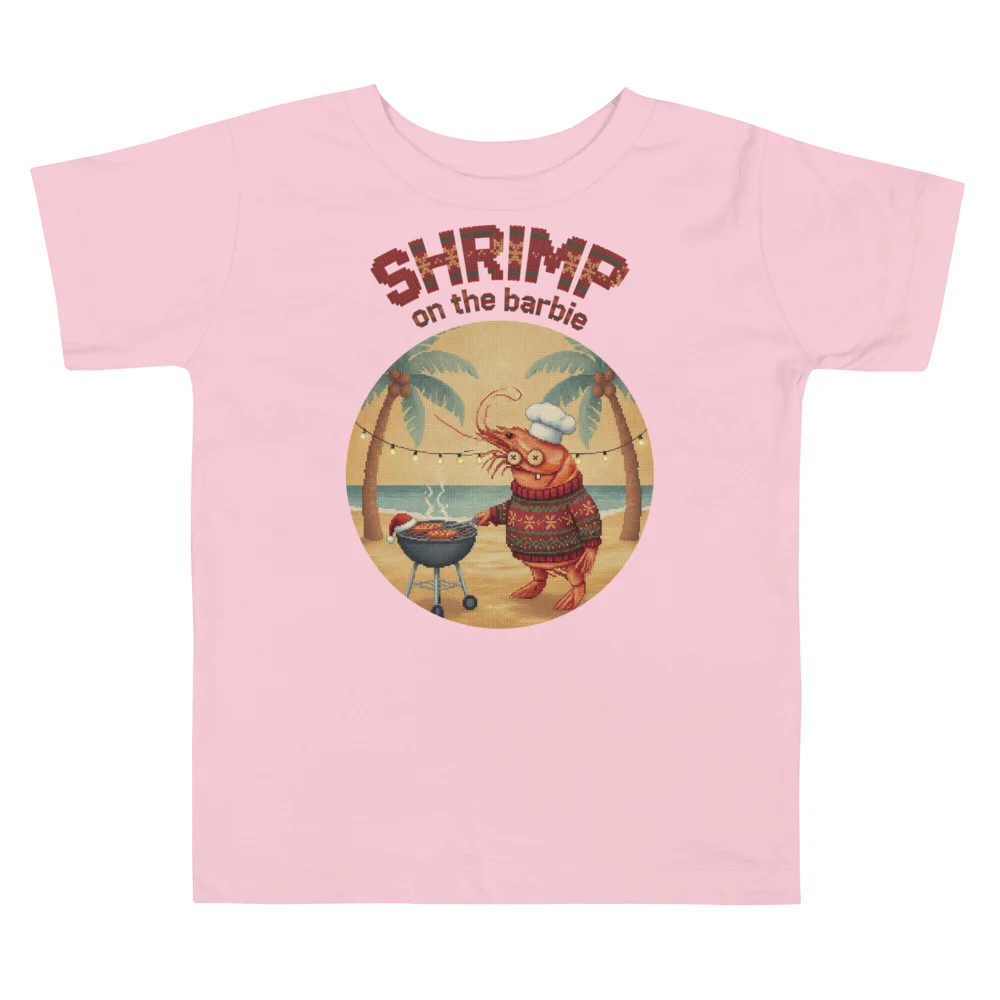 Shrimp on the Barbie Toddler Ugly Christmas Tee, Light Pink flat