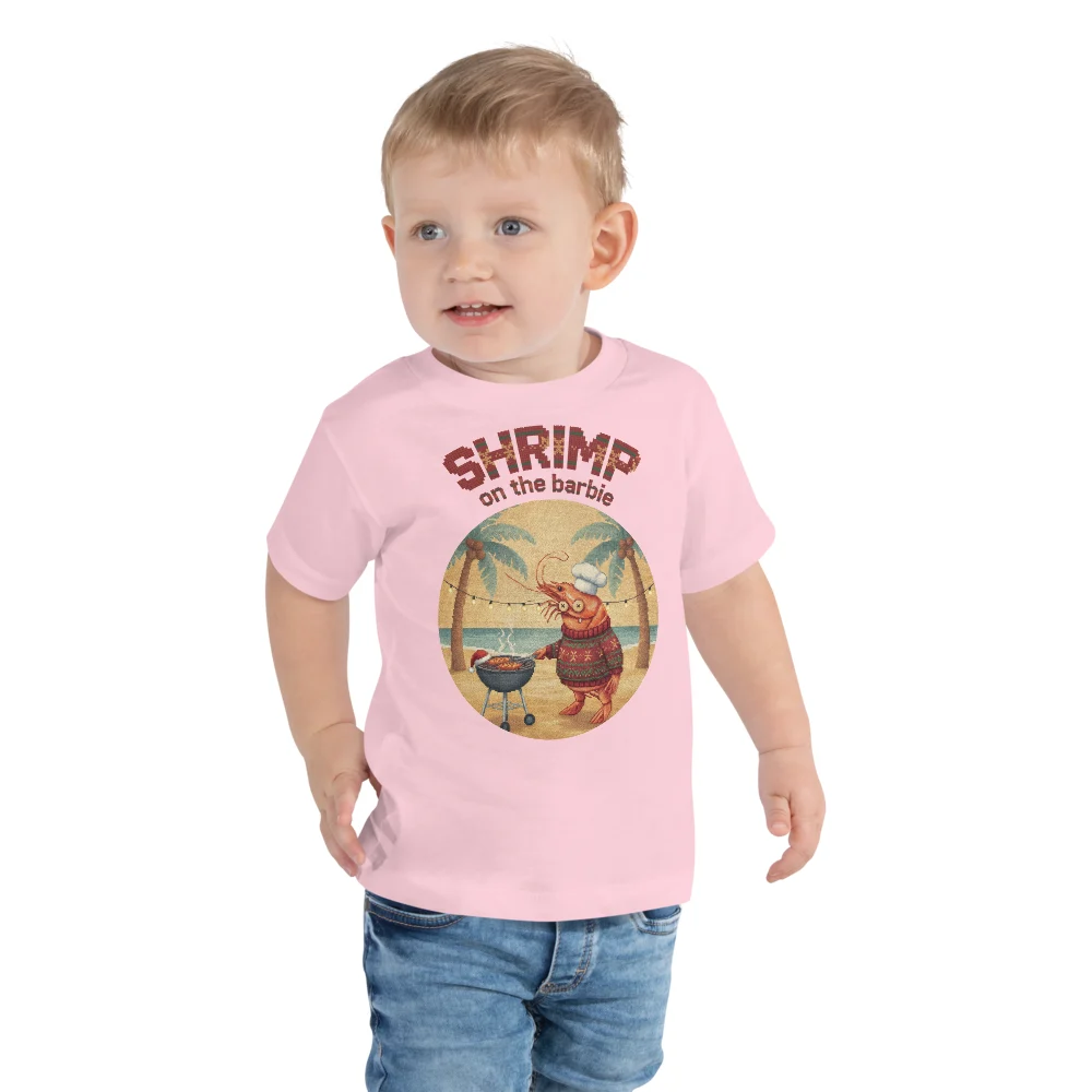 Shrimp on the Barbie Toddler Ugly Christmas Tee, Light Pink model