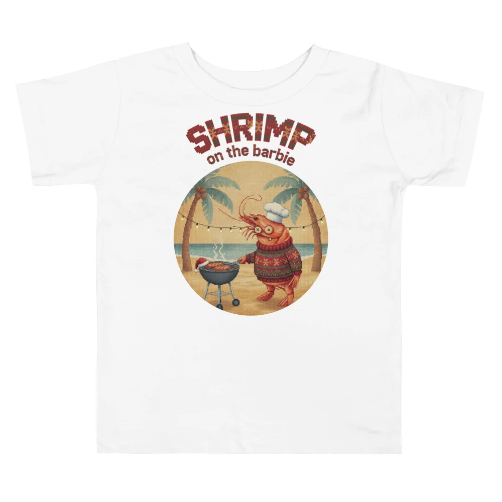 Shrimp on the Barbie Toddler Ugly Christmas Tee, Pure White flat