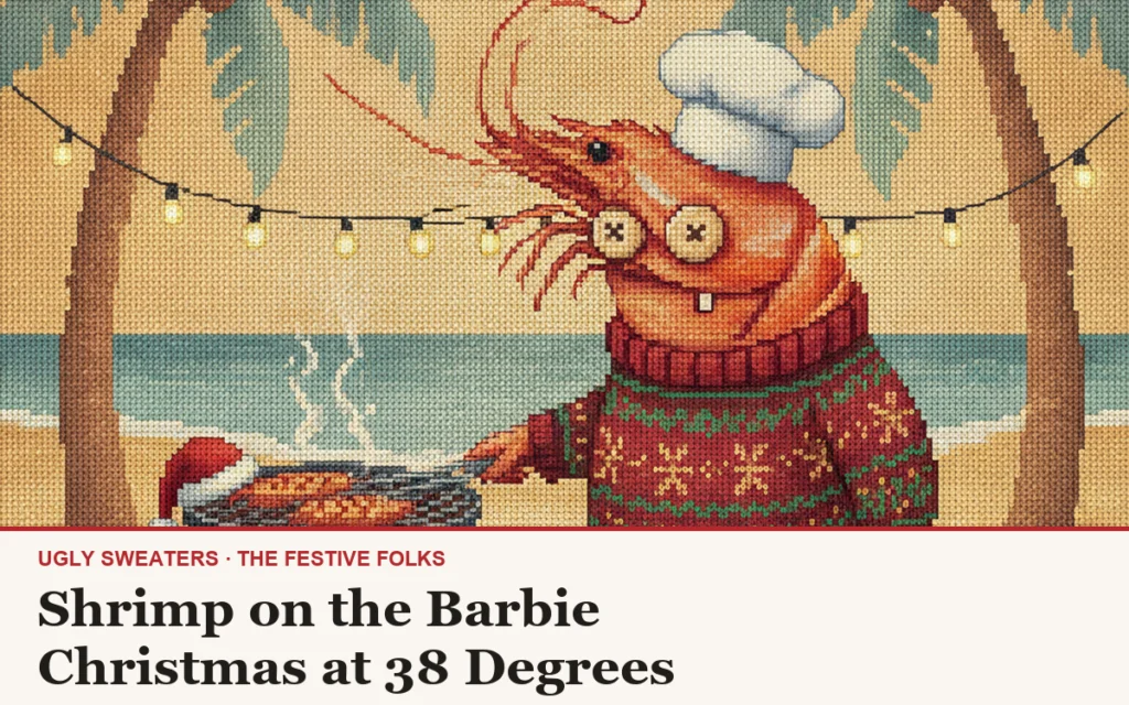 Shrimp on the Barbie ugly Christmas sweater article cover: a shrimp in a chef's hat grilling on a beach between palm trees