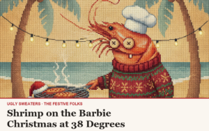 Shrimp on the Barbie ugly Christmas sweater article cover: a shrimp in a chef's hat grilling on a beach between palm trees