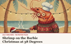 Shrimp on the Barbie ugly Christmas sweater article cover: a shrimp in a chef's hat grilling on a beach between palm trees