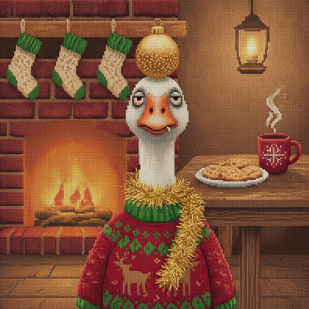 Silly Goose ugly Christmas sweater design: a deadpan goose with a gold ornament balanced on his head and a tinsel boa, beside a plate of half-eaten cookies by the fireplace