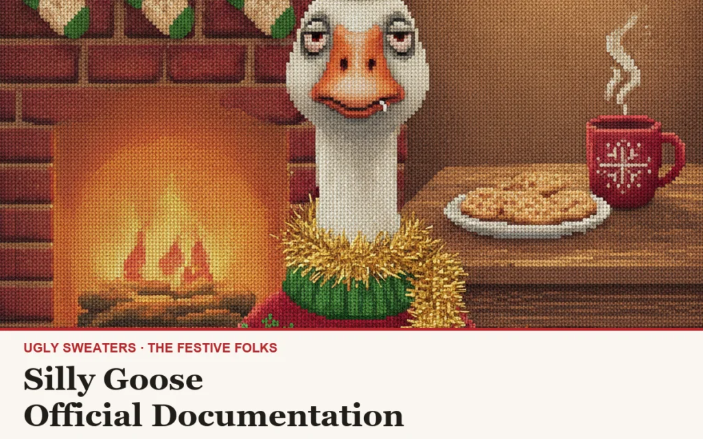 Silly Goose ugly Christmas sweater article cover with the ornament-balancing goose character art
