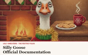 Silly Goose ugly Christmas sweater article cover with the ornament-balancing goose character art