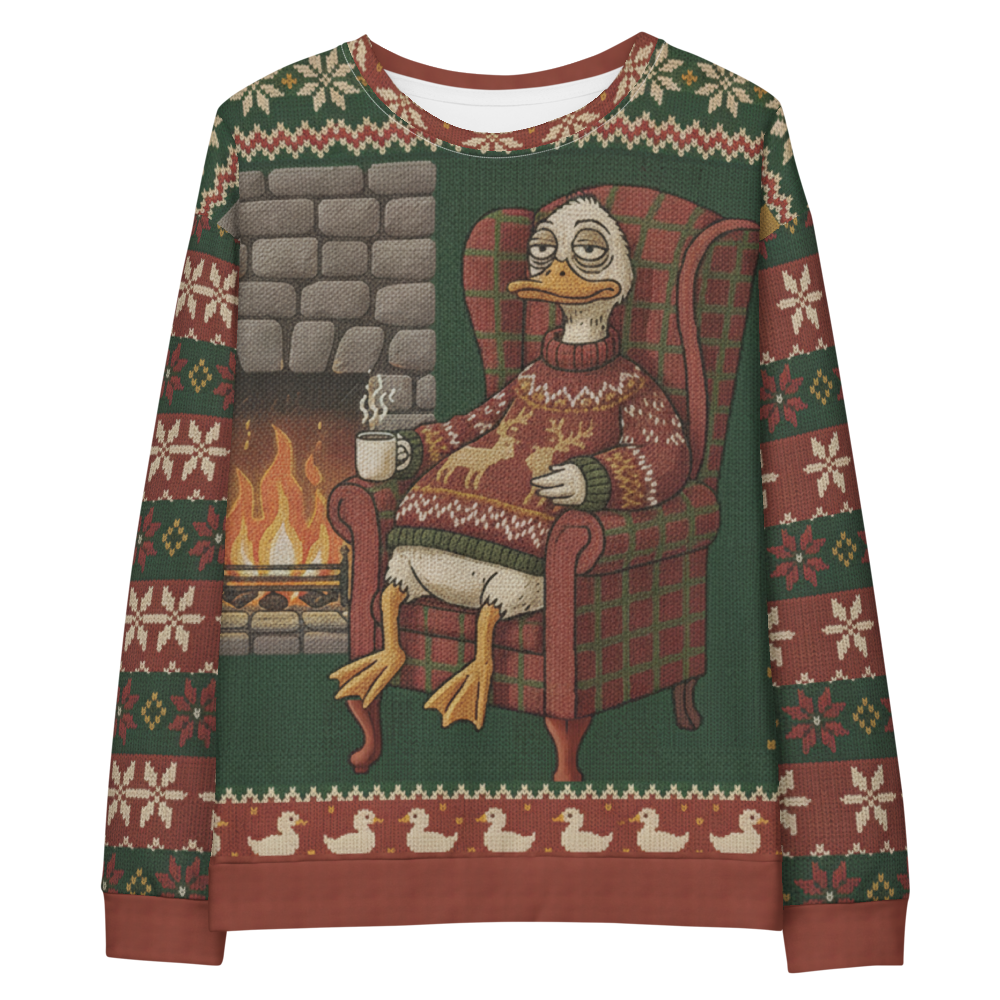 Sitting Duck all-over-print sweatshirt mockup showing the full fireside scene with snowflake and duckling borders