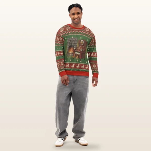 the Sitting Duck all-over-print Christmas sweatshirt on a model, front view