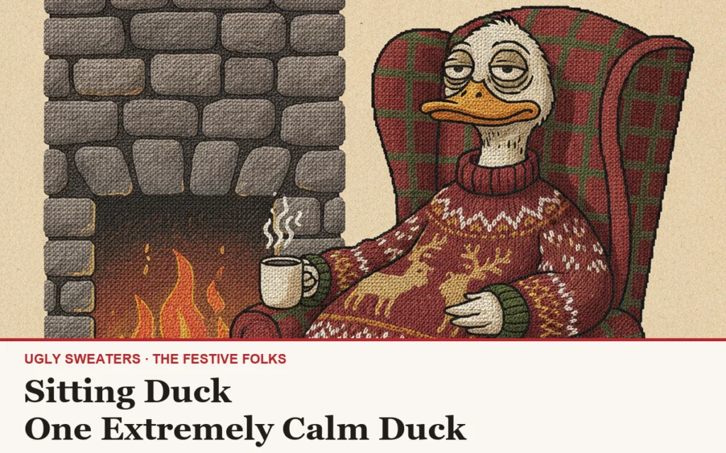 Sitting Duck ugly Christmas sweater article cover: a calm duck in a fair-isle sweater in a plaid armchair by the fire