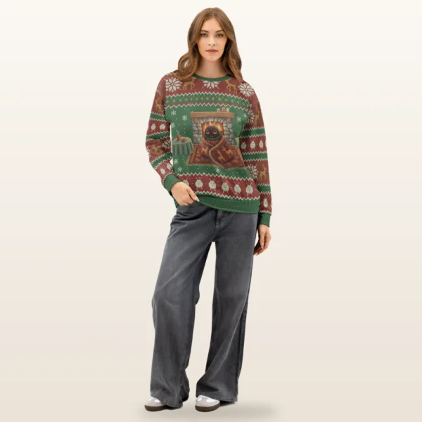 Snug as a Bug all-over-print Christmas sweatshirt on a model, front view