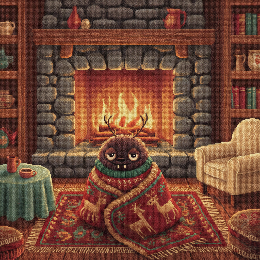 Snug as a Bug ugly Christmas sweater character art: a content little bug burrowed into a festive knitted rug with only its happy face showing