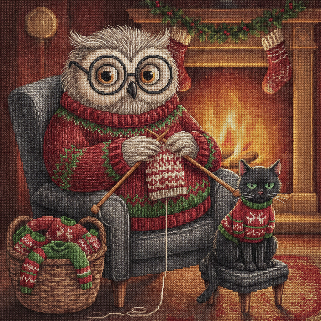 The Giver ugly Christmas sweater character art: a warm bespectacled grandma owl knitting, surrounded by balls of yarn