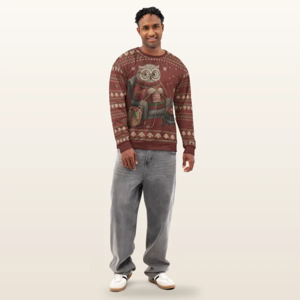 The Giver all-over-print Christmas sweatshirt on a model, front view