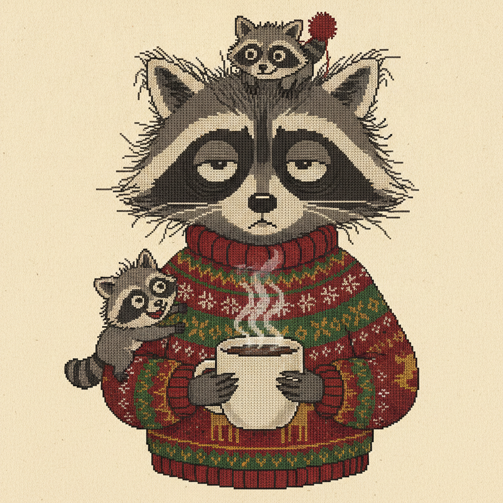 Tired Mom ugly Christmas sweater character art: a raccoon with a giant coffee and earned eye-bags, standing upright through sheer will