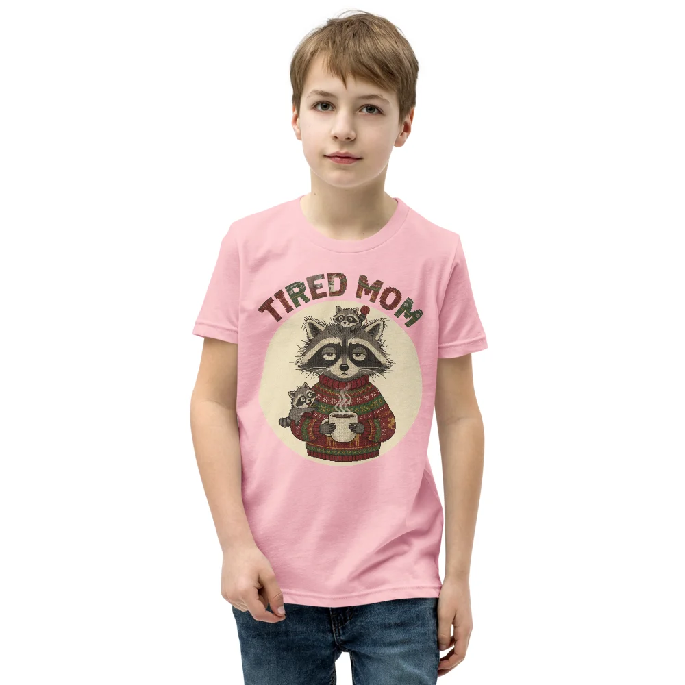 Tired Mom Kids' Ugly Christmas Tee, Light Pink model