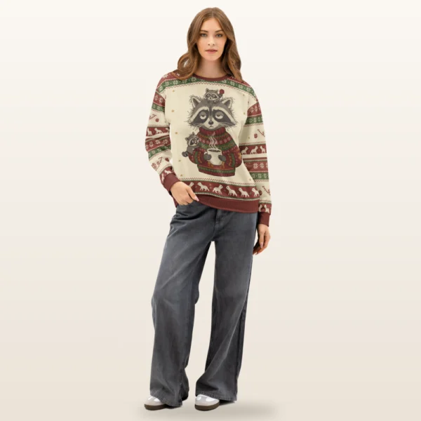 Tired Mom all-over-print Christmas sweatshirt on a model, front view